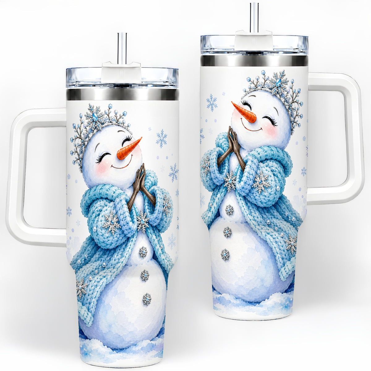 Winter Snowman 40oz Tumbler, Blue Snowflake Artwork for Seasonal Use