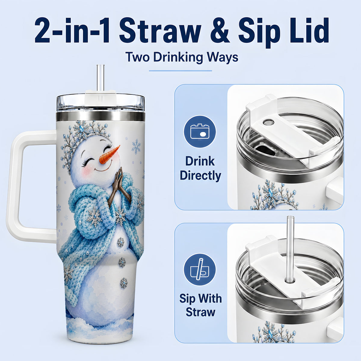 #pl[40oz|White] Winter Snowman 40oz Tumbler, Blue Snowflake Artwork for Seasonal Use
