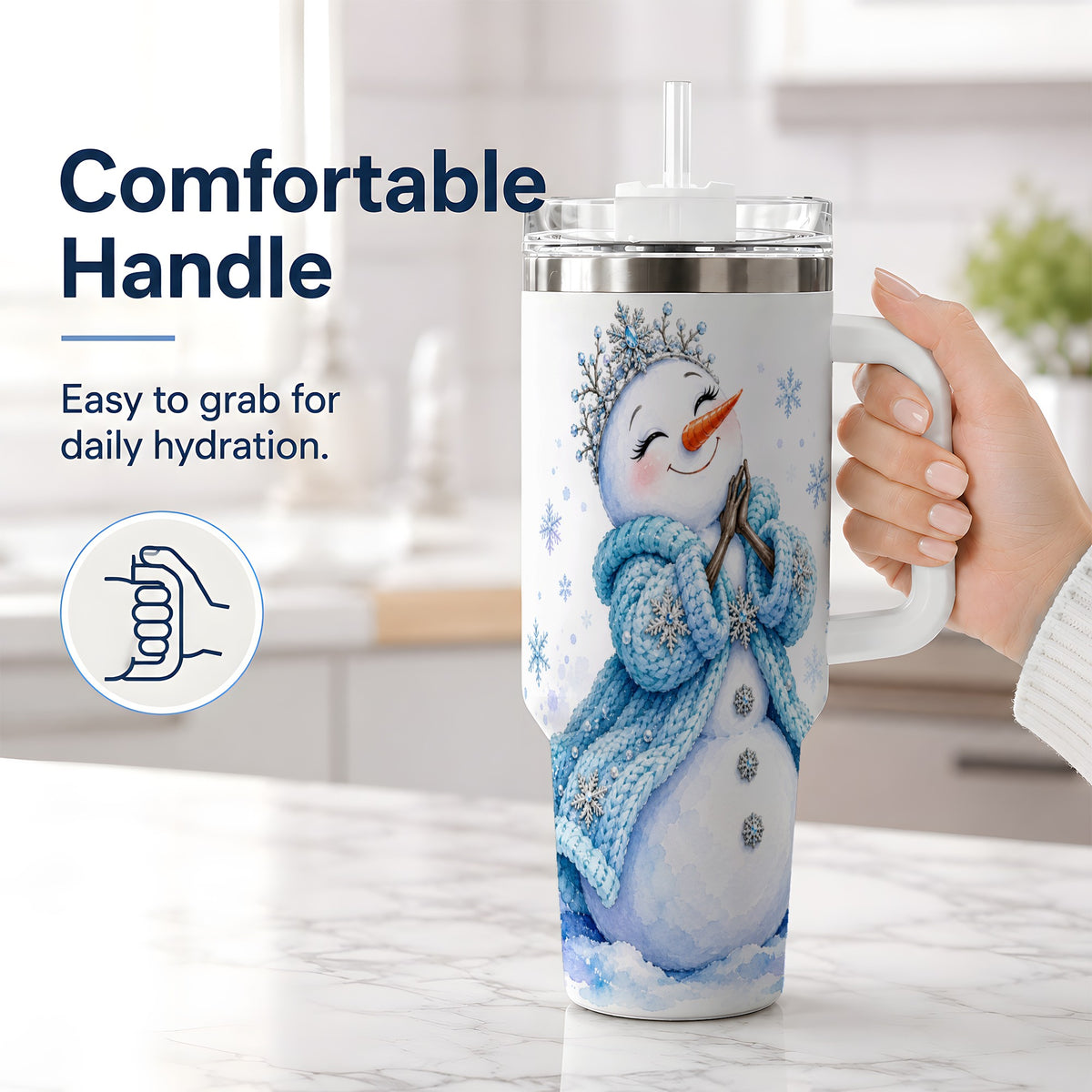 #pl[40oz|White] Winter Snowman 40oz Tumbler, Blue Snowflake Artwork for Seasonal Use