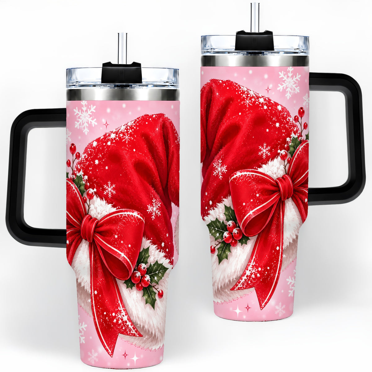 #pl[40oz|Black] Santa Hat Tumbler, 40oz Tumbler with Red Bow and Snowflake Artwork
