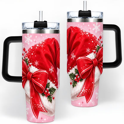 #pl[40oz|Black] Santa Hat Tumbler, 40oz Tumbler with Red Bow and Snowflake Artwork