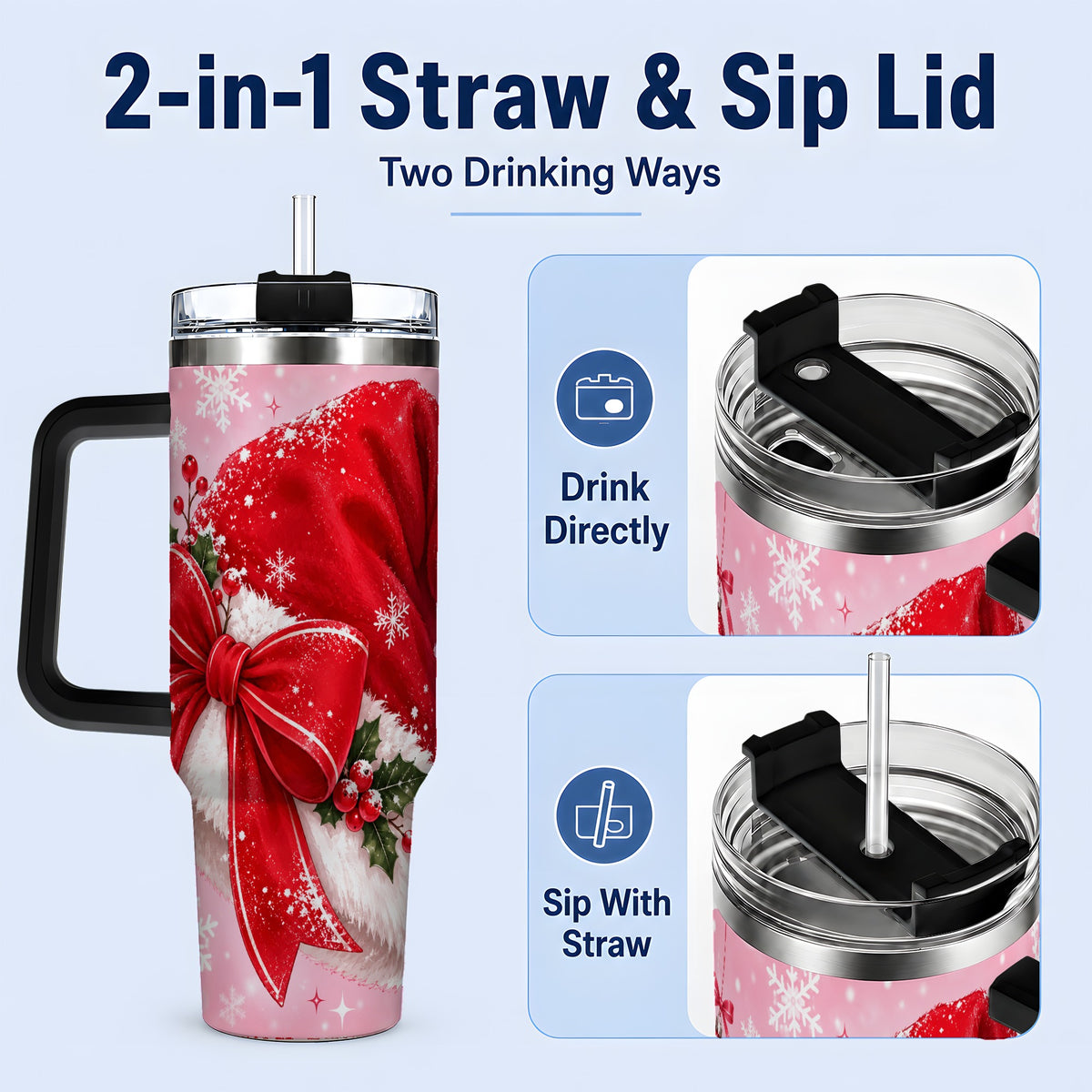 #pl[40oz|Black] Santa Hat Tumbler, 40oz Tumbler with Red Bow and Snowflake Artwork