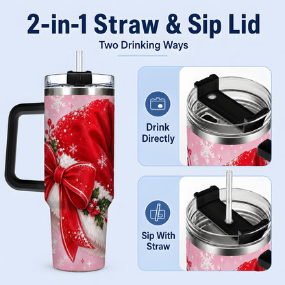 #pl[40oz|Black] Santa Hat Tumbler, 40oz Tumbler with Red Bow and Snowflake Artwork