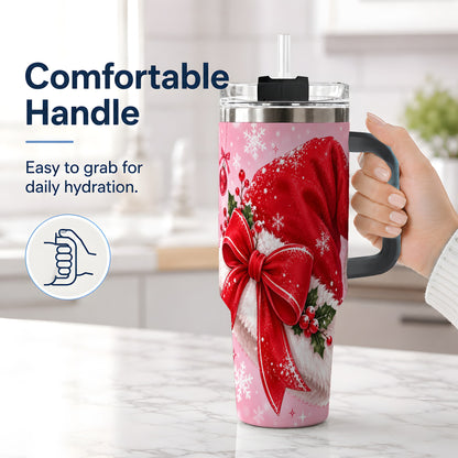 #pl[40oz|Black] Santa Hat Tumbler, 40oz Tumbler with Red Bow and Snowflake Artwork