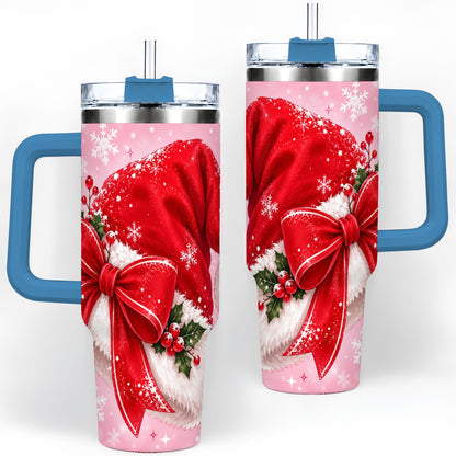 #pl[40oz|Blue] Santa Hat Tumbler, 40oz Tumbler with Red Bow and Snowflake Artwork