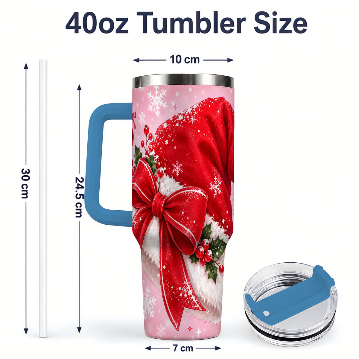 #pl[40oz|Blue] Santa Hat Tumbler, 40oz Tumbler with Red Bow and Snowflake Artwork