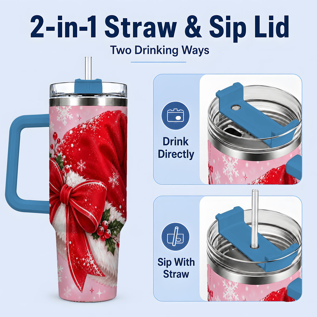 #pl[40oz|Blue] Santa Hat Tumbler, 40oz Tumbler with Red Bow and Snowflake Artwork