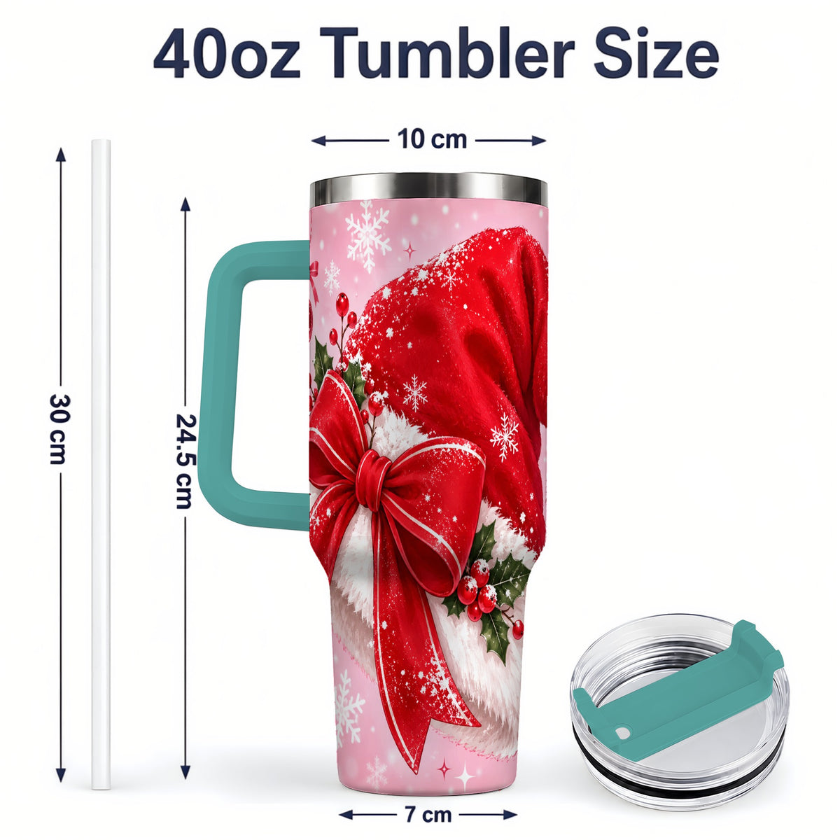 #pl[40oz|Green] Santa Hat Tumbler, 40oz Tumbler with Red Bow and Snowflake Artwork
