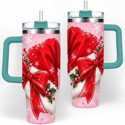 #pl[40oz|Green] Santa Hat Tumbler, 40oz Tumbler with Red Bow and Snowflake Artwork