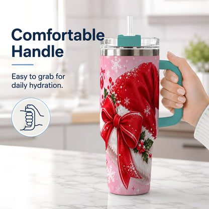 #pl[40oz|Green] Santa Hat Tumbler, 40oz Tumbler with Red Bow and Snowflake Artwork