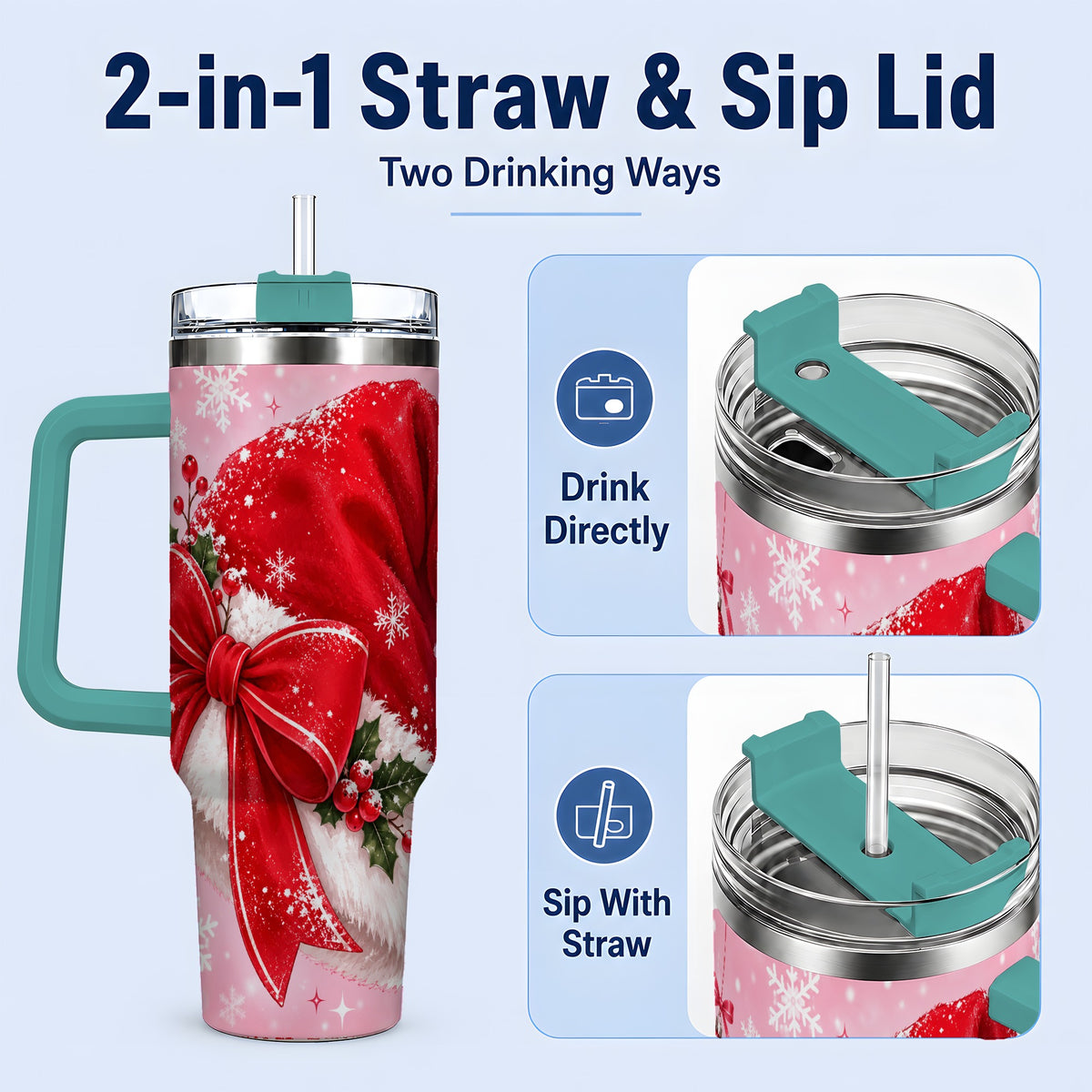 #pl[40oz|Green] Santa Hat Tumbler, 40oz Tumbler with Red Bow and Snowflake Artwork