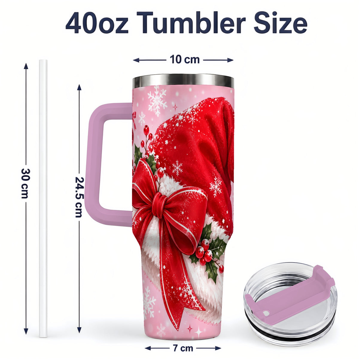 #pl[40oz|Pink] Santa Hat Tumbler, 40oz Tumbler with Red Bow and Snowflake Artwork
