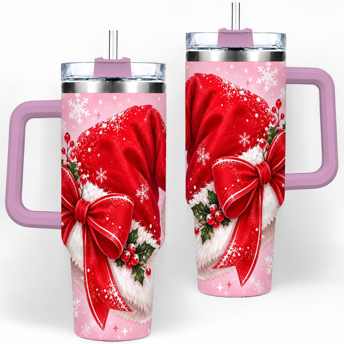 #pl[40oz|Pink] Santa Hat Tumbler, 40oz Tumbler with Red Bow and Snowflake Artwork