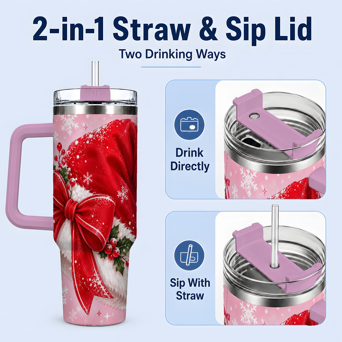 #pl[40oz|Pink] Santa Hat Tumbler, 40oz Tumbler with Red Bow and Snowflake Artwork