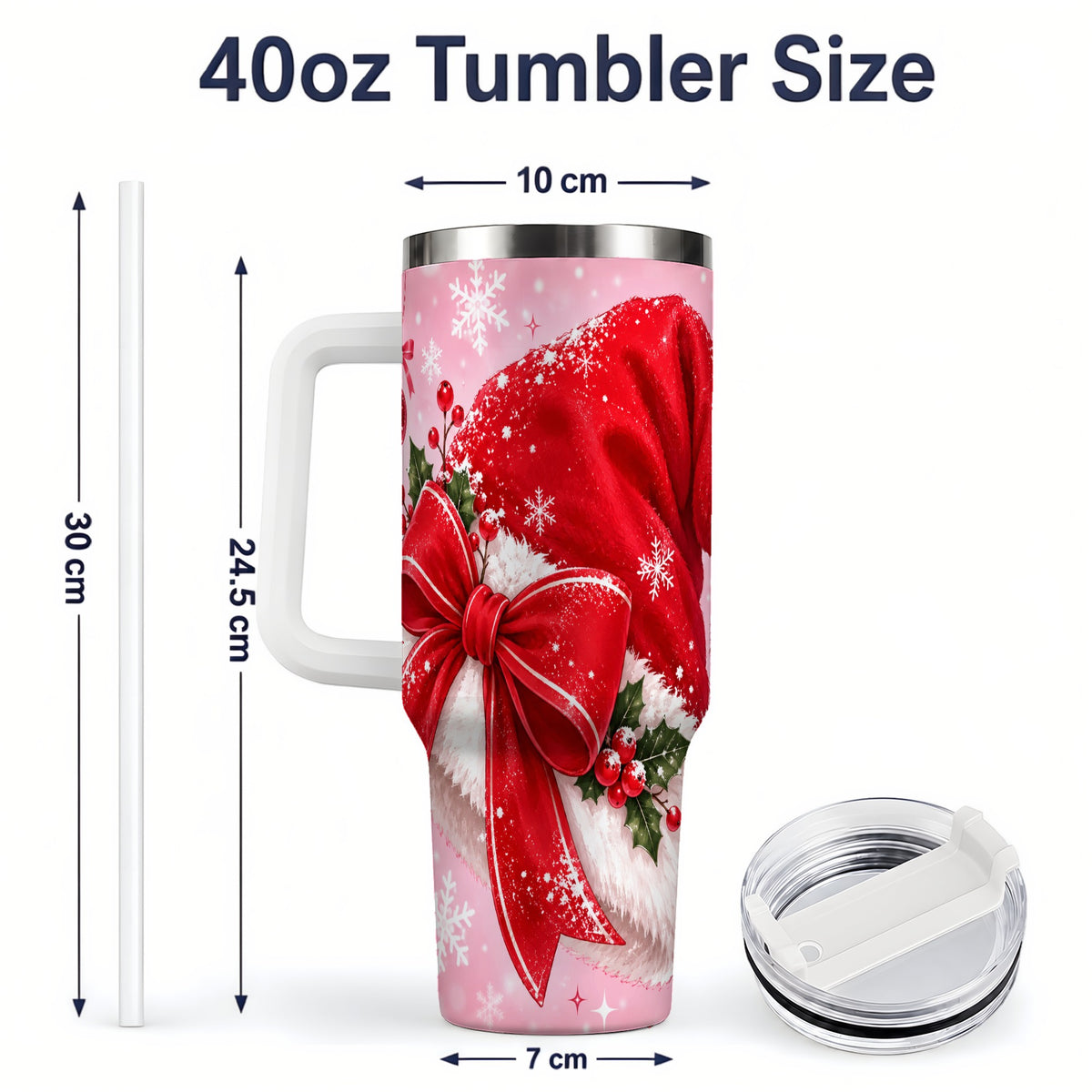 #pl[40oz|White] Santa Hat Tumbler, 40oz Tumbler with Red Bow and Snowflake Artwork