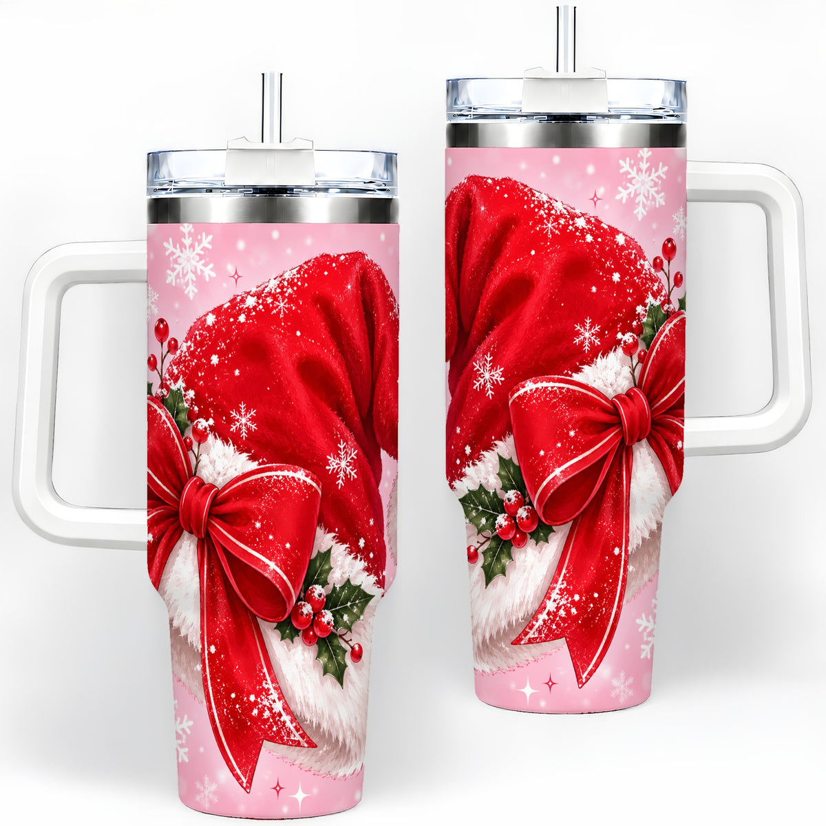 Santa Hat Tumbler, 40oz Tumbler with Red Bow and Snowflake Artwork