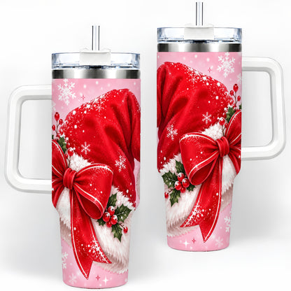 Santa Hat Tumbler, 40oz Tumbler with Red Bow and Snowflake Artwork