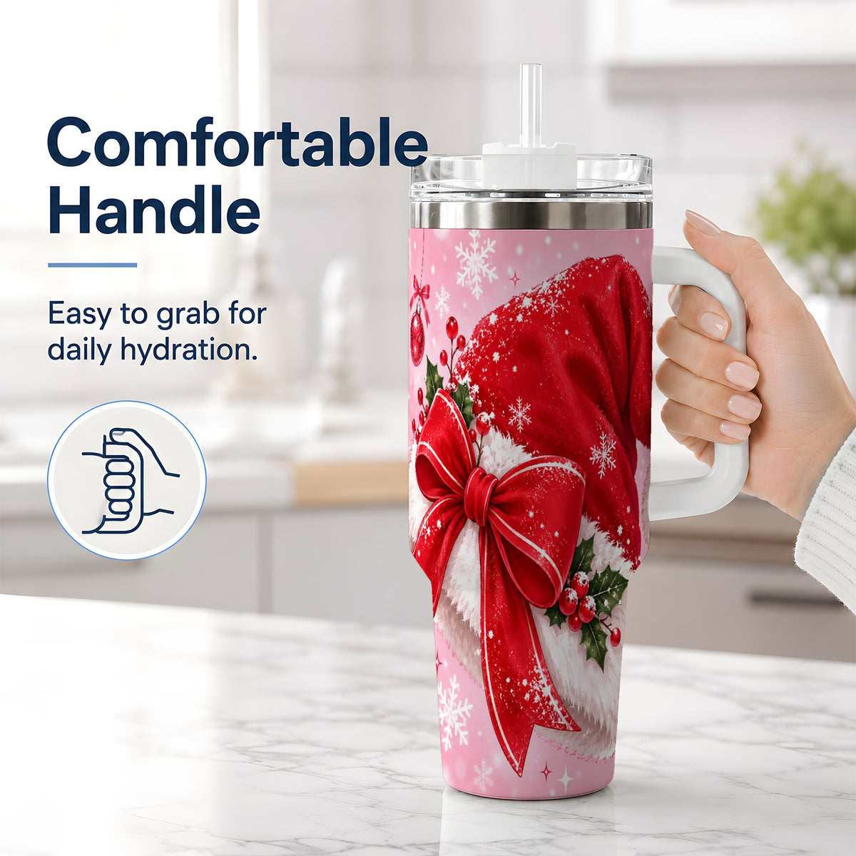 #pl[40oz|White] Santa Hat Tumbler, 40oz Tumbler with Red Bow and Snowflake Artwork