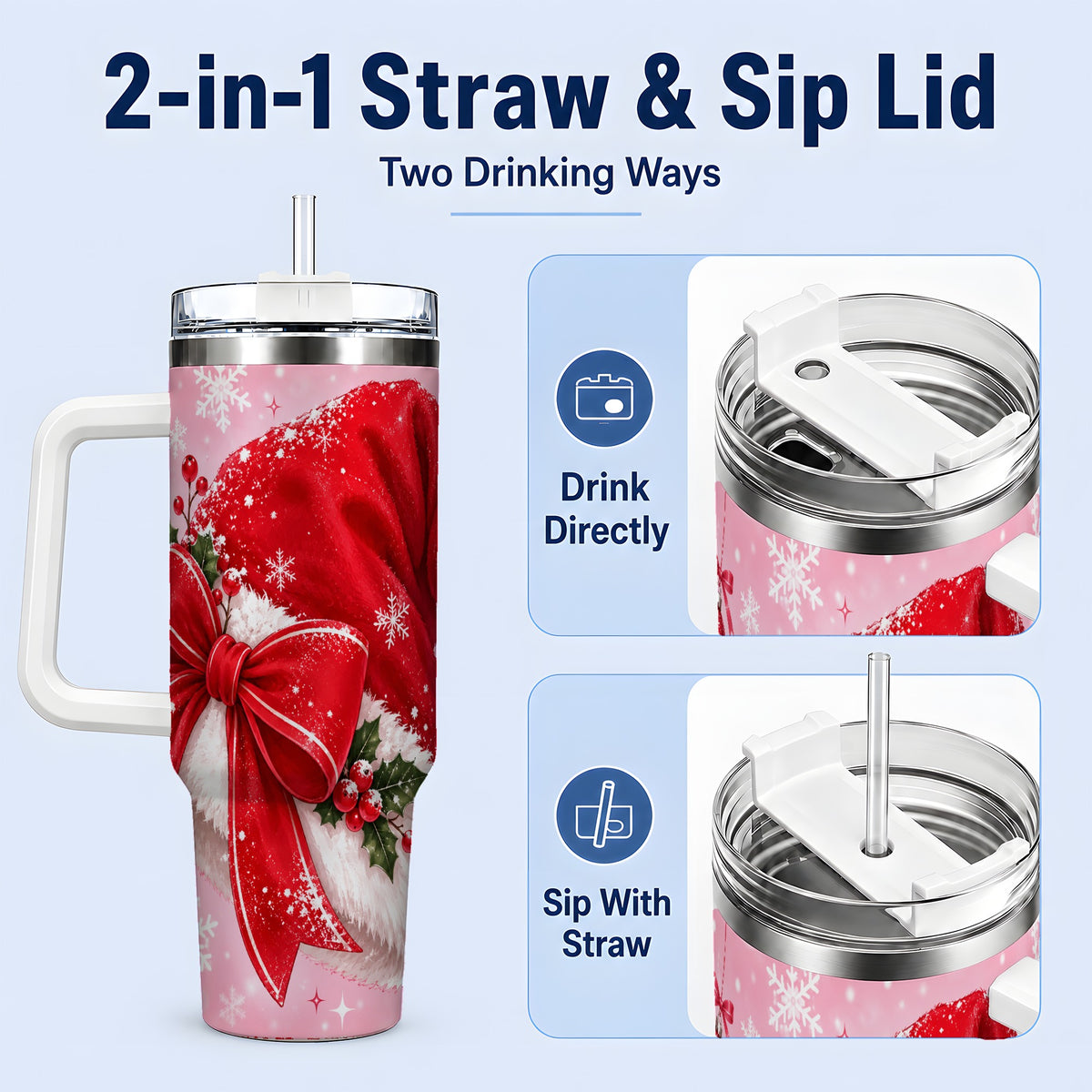 #pl[40oz|White] Santa Hat Tumbler, 40oz Tumbler with Red Bow and Snowflake Artwork