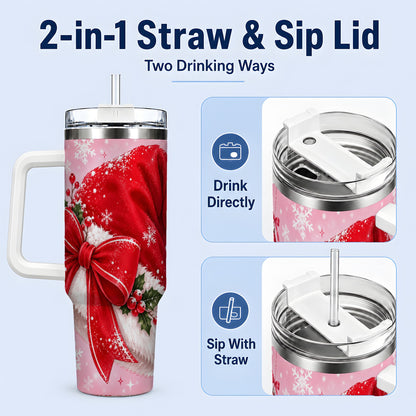 #pl[40oz|White] Santa Hat Tumbler, 40oz Tumbler with Red Bow and Snowflake Artwork