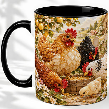 #pl[11oz|Black] Farm Chicken Accent Mug, Hen Chick Floral Country Farm Artwork