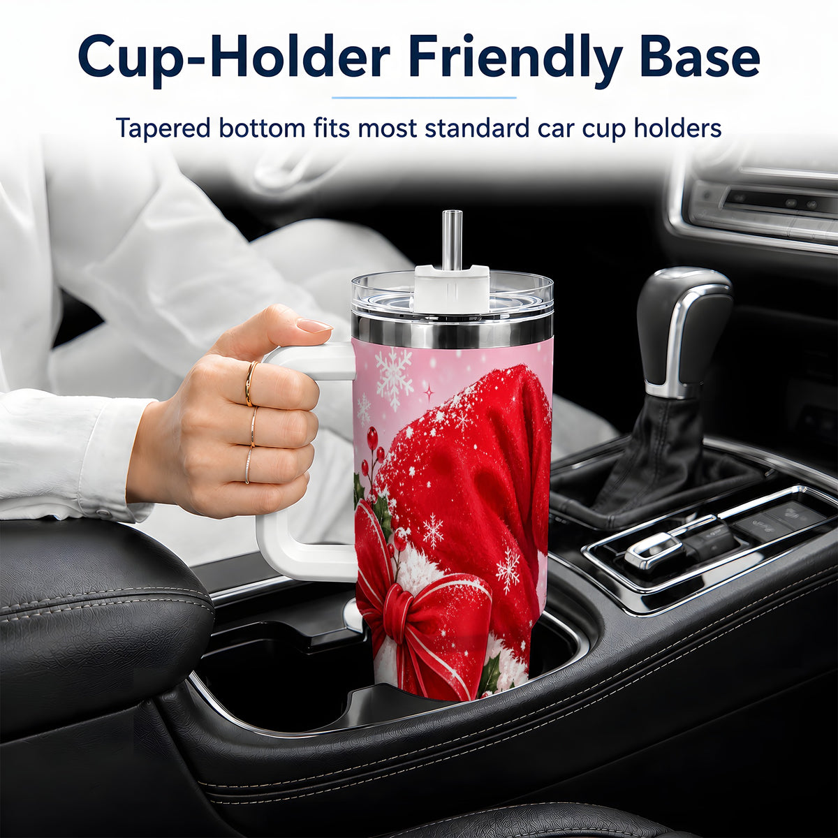 #pl[40oz|White] Santa Hat Tumbler, 40oz Tumbler with Red Bow and Snowflake Artwork