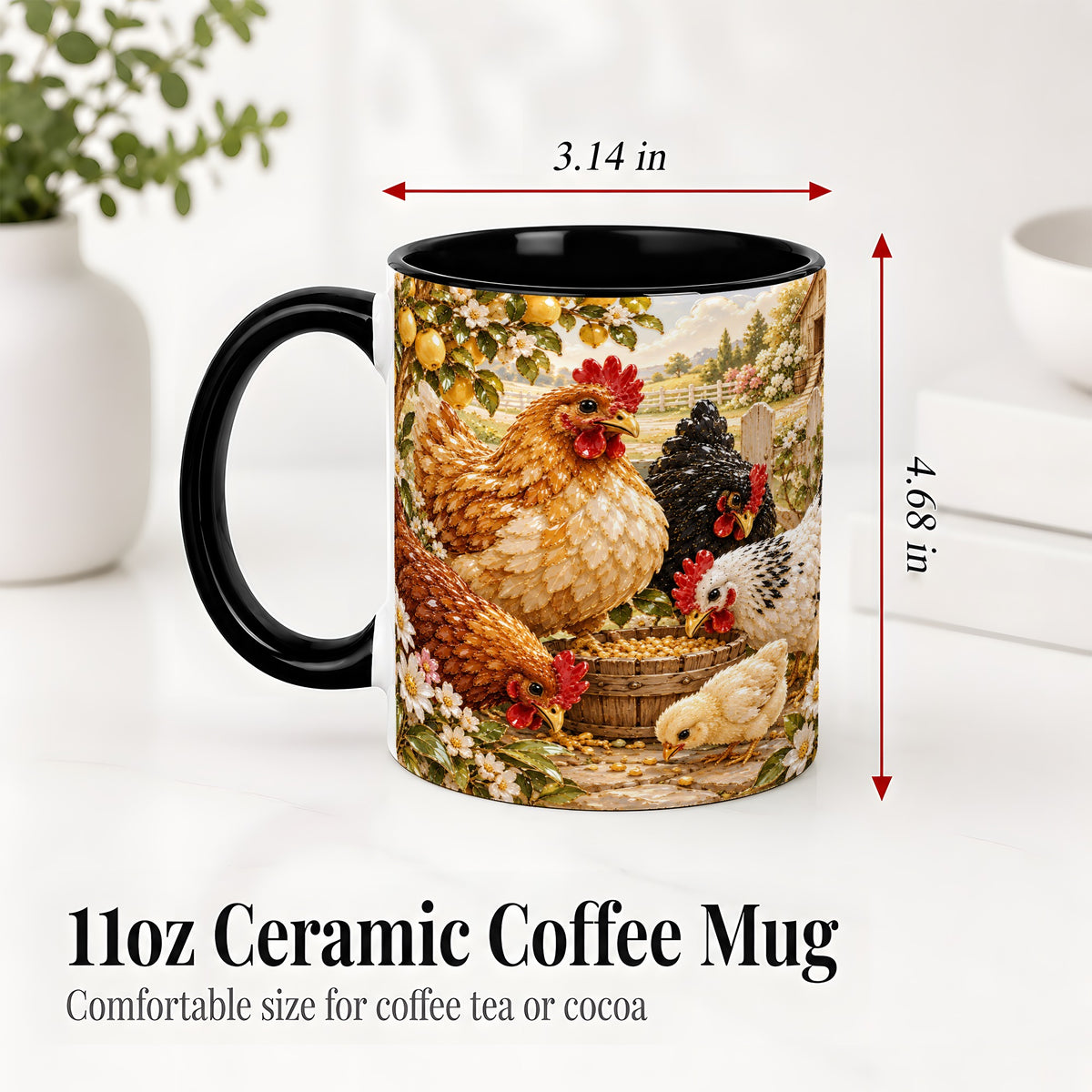 #pl[11oz|Black] Farm Chicken Accent Mug, Hen Chick Floral Country Farm Artwork