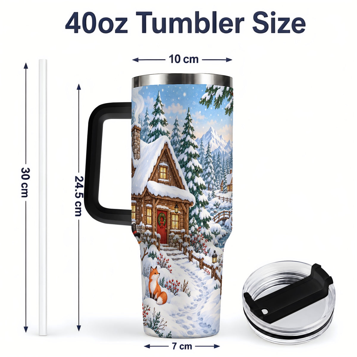 #pl[40oz|Black] Snowy Cabin Tumbler, 40oz Tumbler with Snowman and Forest Artwork