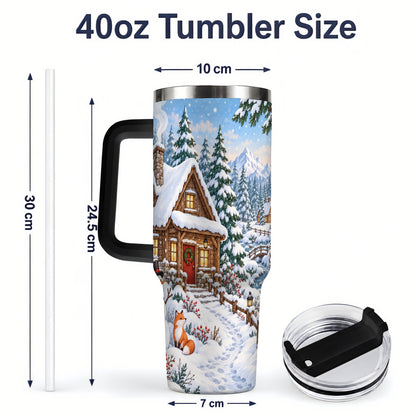 #pl[40oz|Black] Snowy Cabin Tumbler, 40oz Tumbler with Snowman and Forest Artwork