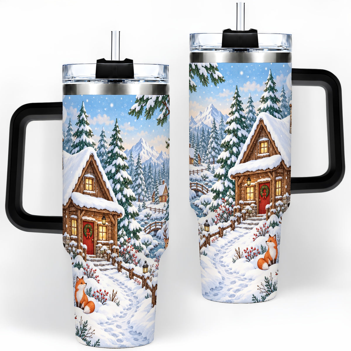 #pl[40oz|Black] Snowy Cabin Tumbler, 40oz Tumbler with Snowman and Forest Artwork