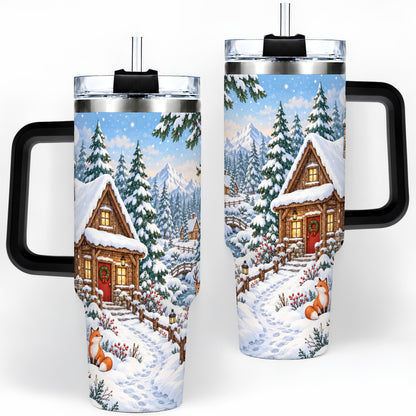 #pl[40oz|Black] Snowy Cabin Tumbler, 40oz Tumbler with Snowman and Forest Artwork