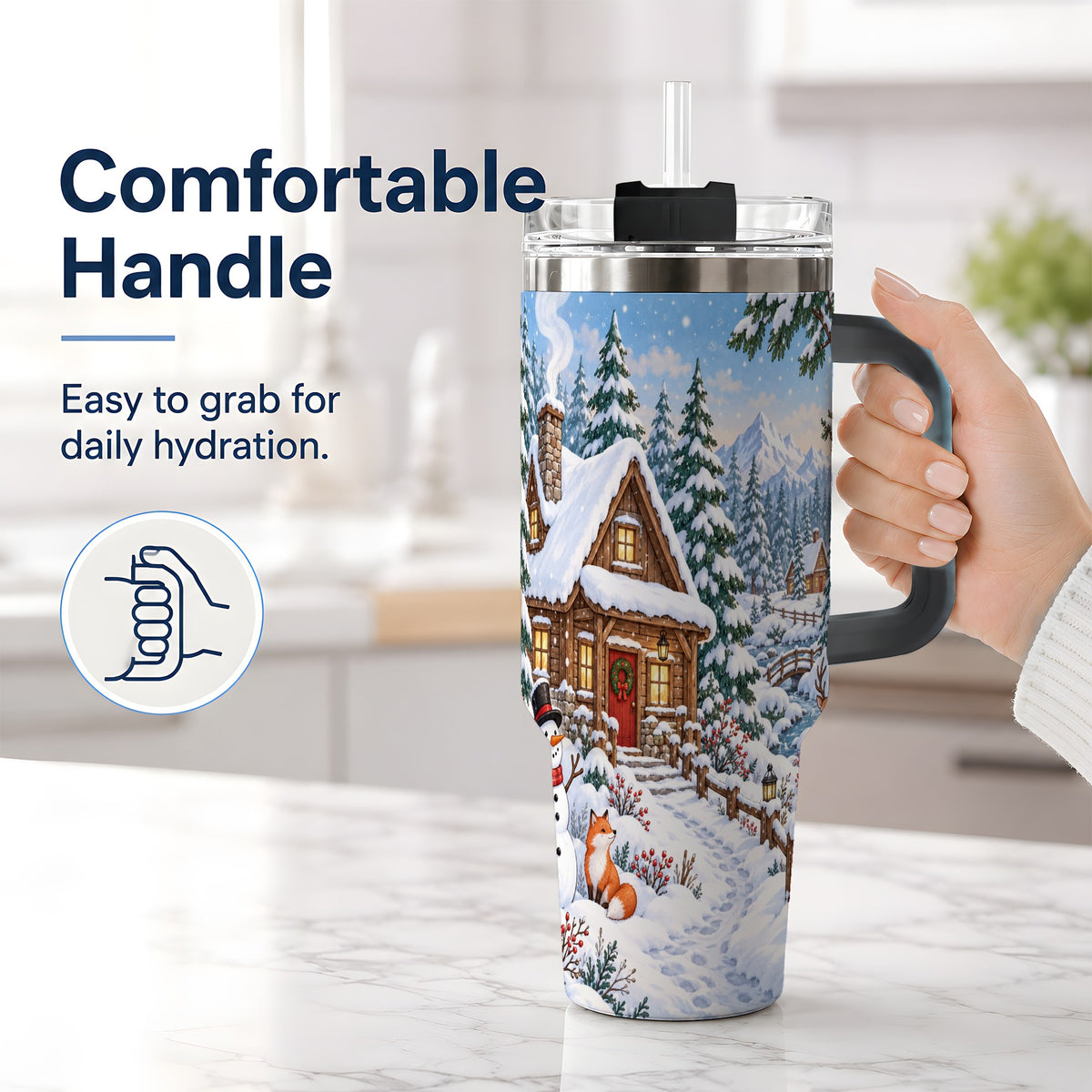 #pl[40oz|Black] Snowy Cabin Tumbler, 40oz Tumbler with Snowman and Forest Artwork