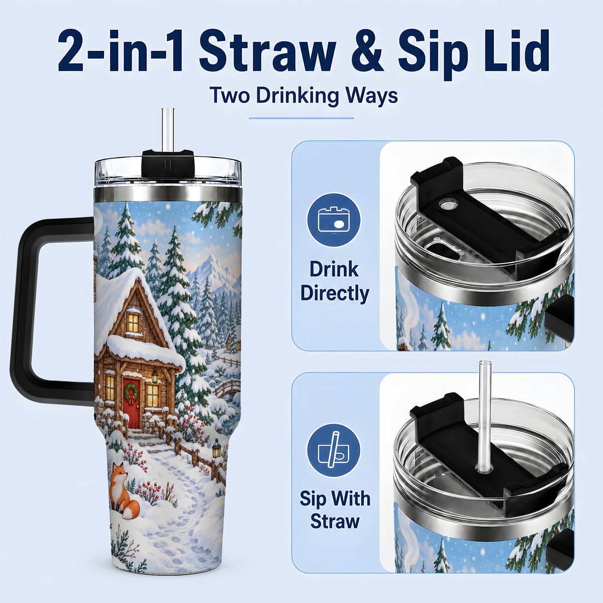 #pl[40oz|Black] Snowy Cabin Tumbler, 40oz Tumbler with Snowman and Forest Artwork