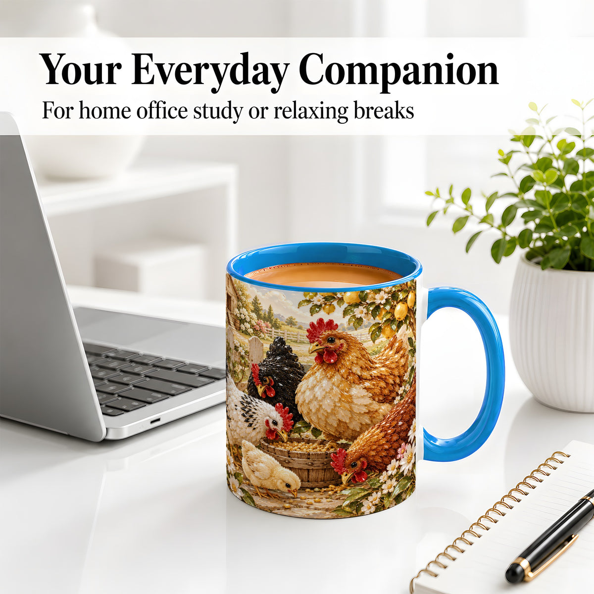 #pl[11oz|Blue] Farm Chicken Accent Mug, Hen Chick Floral Country Farm Artwork