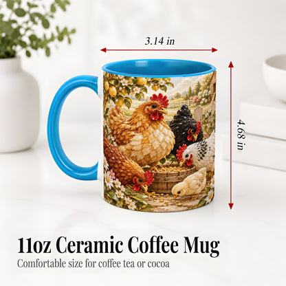 #pl[11oz|Blue] Farm Chicken Accent Mug, Hen Chick Floral Country Farm Artwork