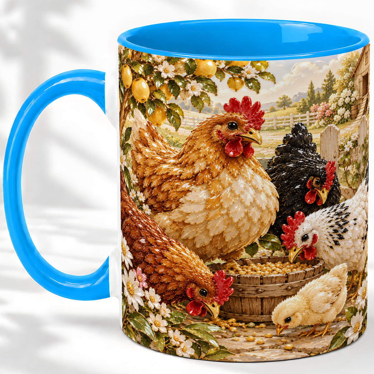 #pl[11oz|Blue] Farm Chicken Accent Mug, Hen Chick Floral Country Farm Artwork