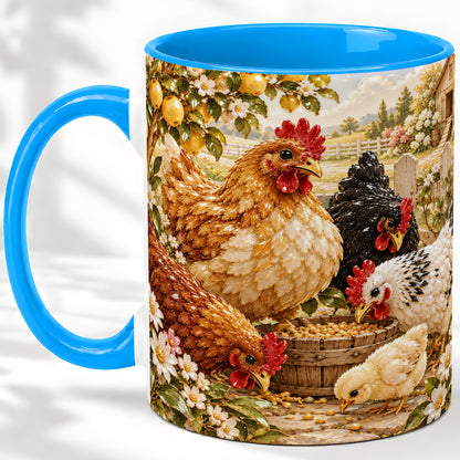 #pl[11oz|Blue] Farm Chicken Accent Mug, Hen Chick Floral Country Farm Artwork