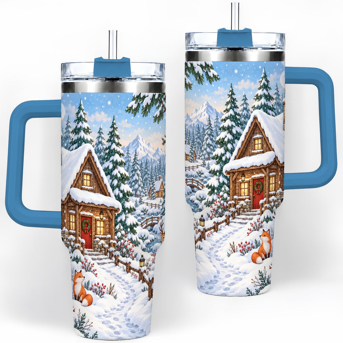 #pl[40oz|Blue] Snowy Cabin Tumbler, 40oz Tumbler with Snowman and Forest Artwork