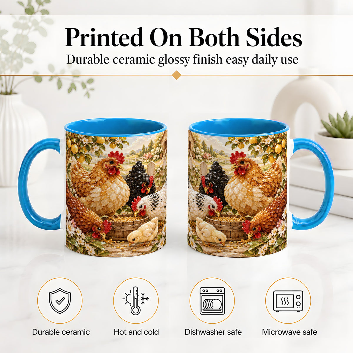 #pl[11oz|Blue] Farm Chicken Accent Mug, Hen Chick Floral Country Farm Artwork
