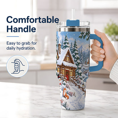 #pl[40oz|Blue] Snowy Cabin Tumbler, 40oz Tumbler with Snowman and Forest Artwork