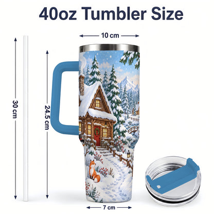 #pl[40oz|Blue] Snowy Cabin Tumbler, 40oz Tumbler with Snowman and Forest Artwork