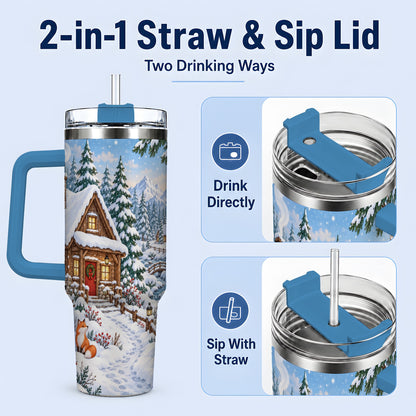 #pl[40oz|Blue] Snowy Cabin Tumbler, 40oz Tumbler with Snowman and Forest Artwork