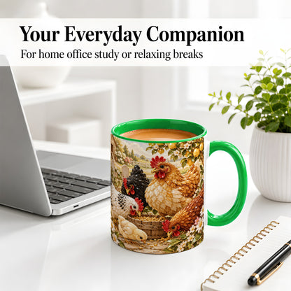 #pl[11oz|Green] Farm Chicken Accent Mug, Hen Chick Floral Country Farm Artwork