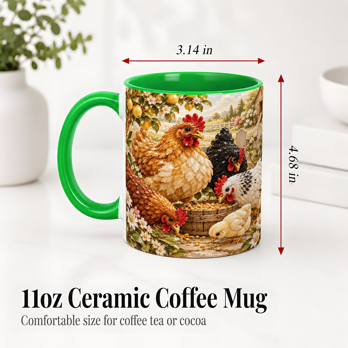 #pl[11oz|Green] Farm Chicken Accent Mug, Hen Chick Floral Country Farm Artwork