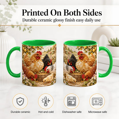 #pl[11oz|Green] Farm Chicken Accent Mug, Hen Chick Floral Country Farm Artwork