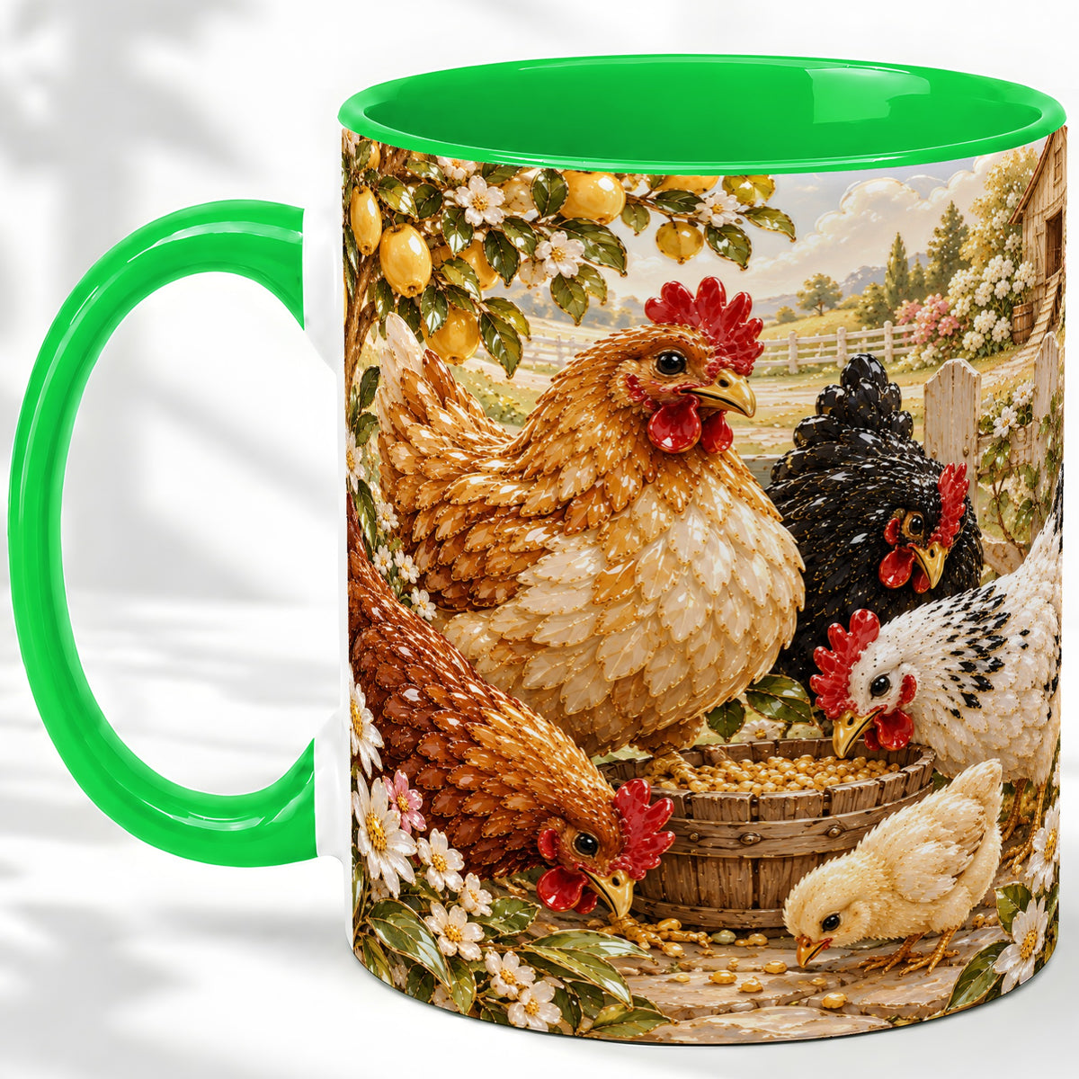 #pl[11oz|Green] Farm Chicken Accent Mug, Hen Chick Floral Country Farm Artwork