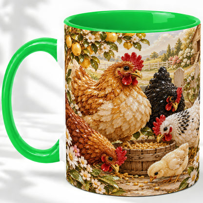 #pl[11oz|Green] Farm Chicken Accent Mug, Hen Chick Floral Country Farm Artwork