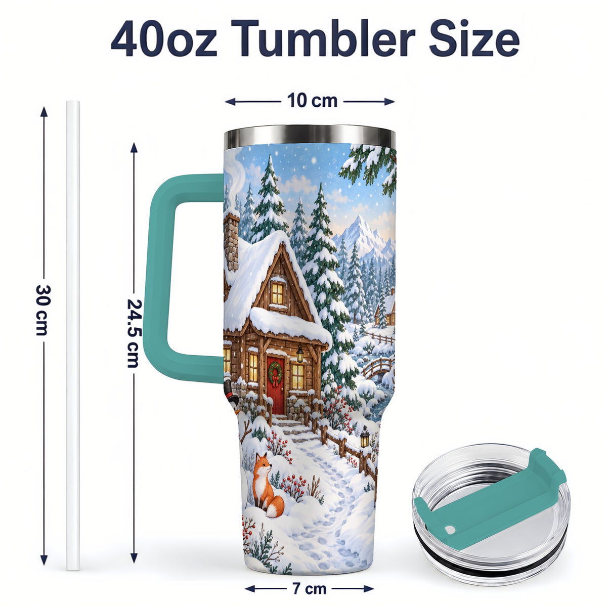 #pl[40oz|Green] Snowy Cabin Tumbler, 40oz Tumbler with Snowman and Forest Artwork