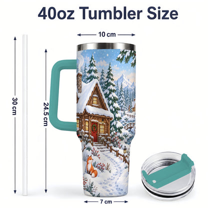 #pl[40oz|Green] Snowy Cabin Tumbler, 40oz Tumbler with Snowman and Forest Artwork