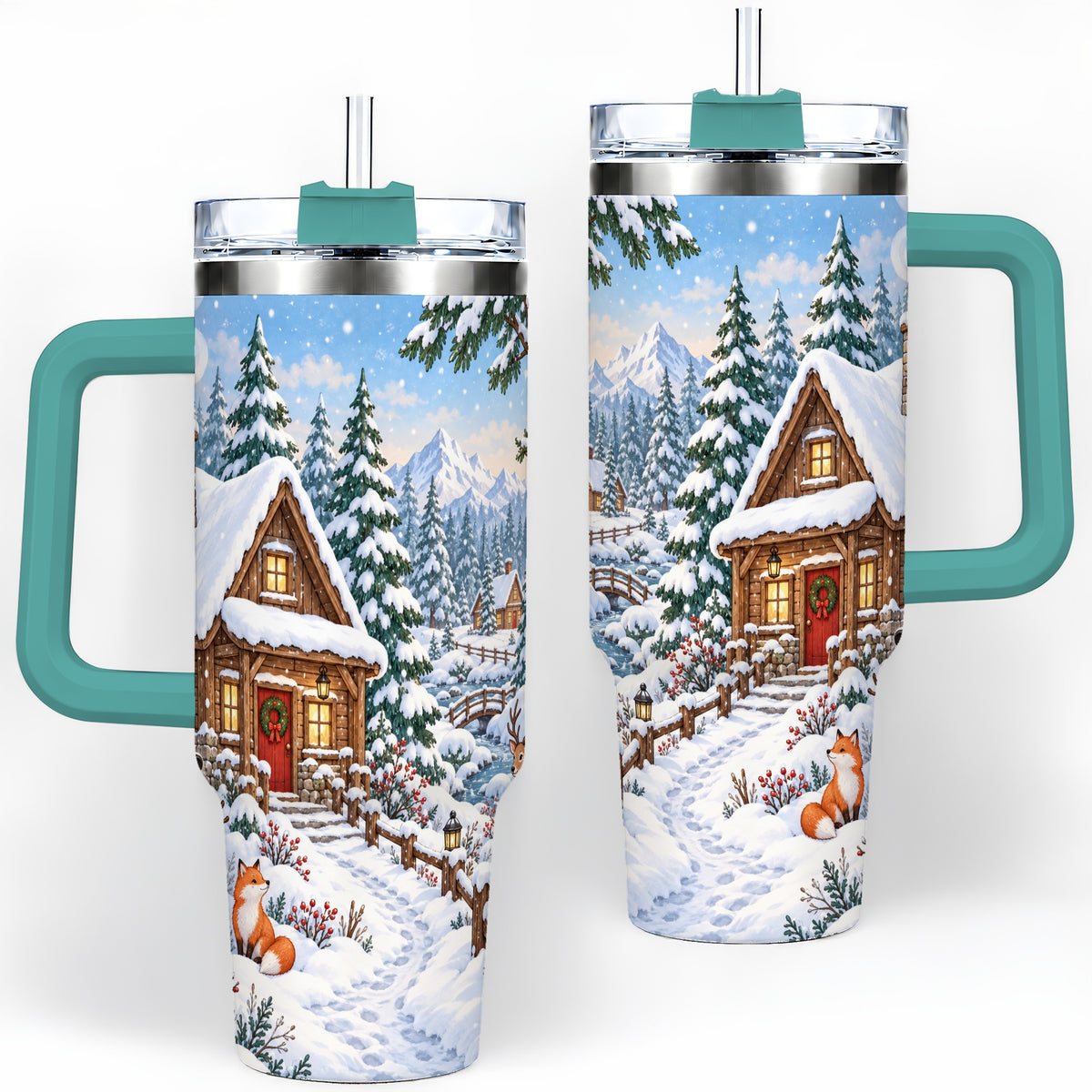 #pl[40oz|Green] Snowy Cabin Tumbler, 40oz Tumbler with Snowman and Forest Artwork